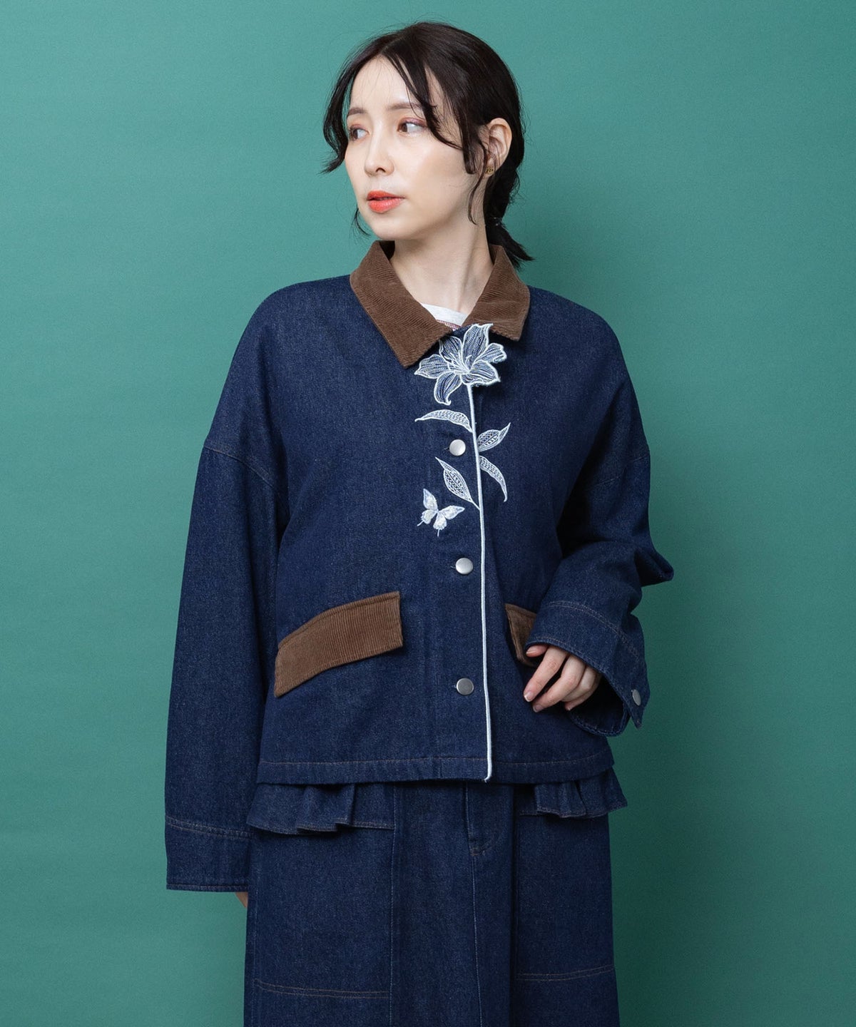 デニム×コーデュロイ 花刺繍配色ジャケット-1