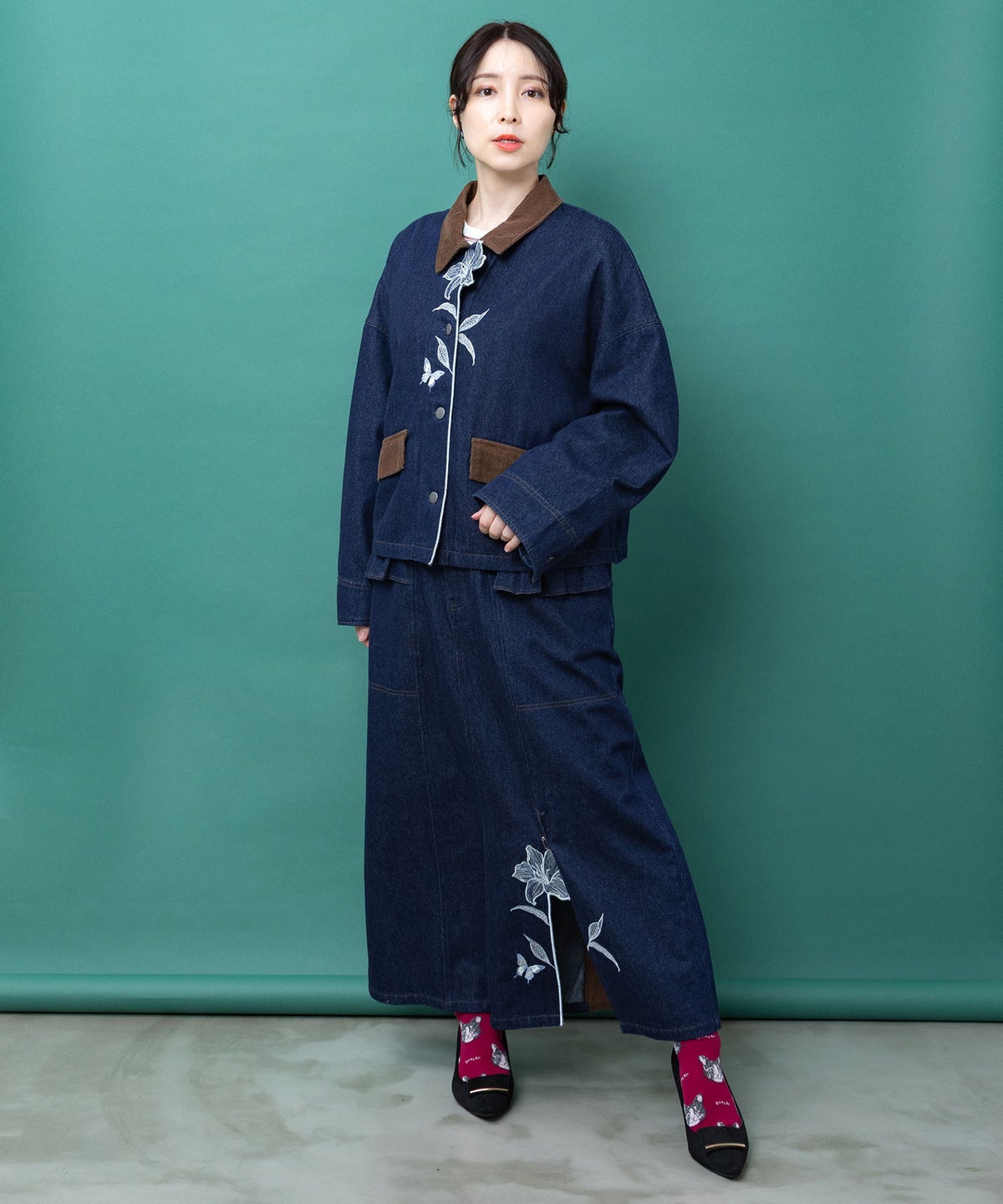 デニム×コーデュロイ 花刺繍配色ジャケット-2