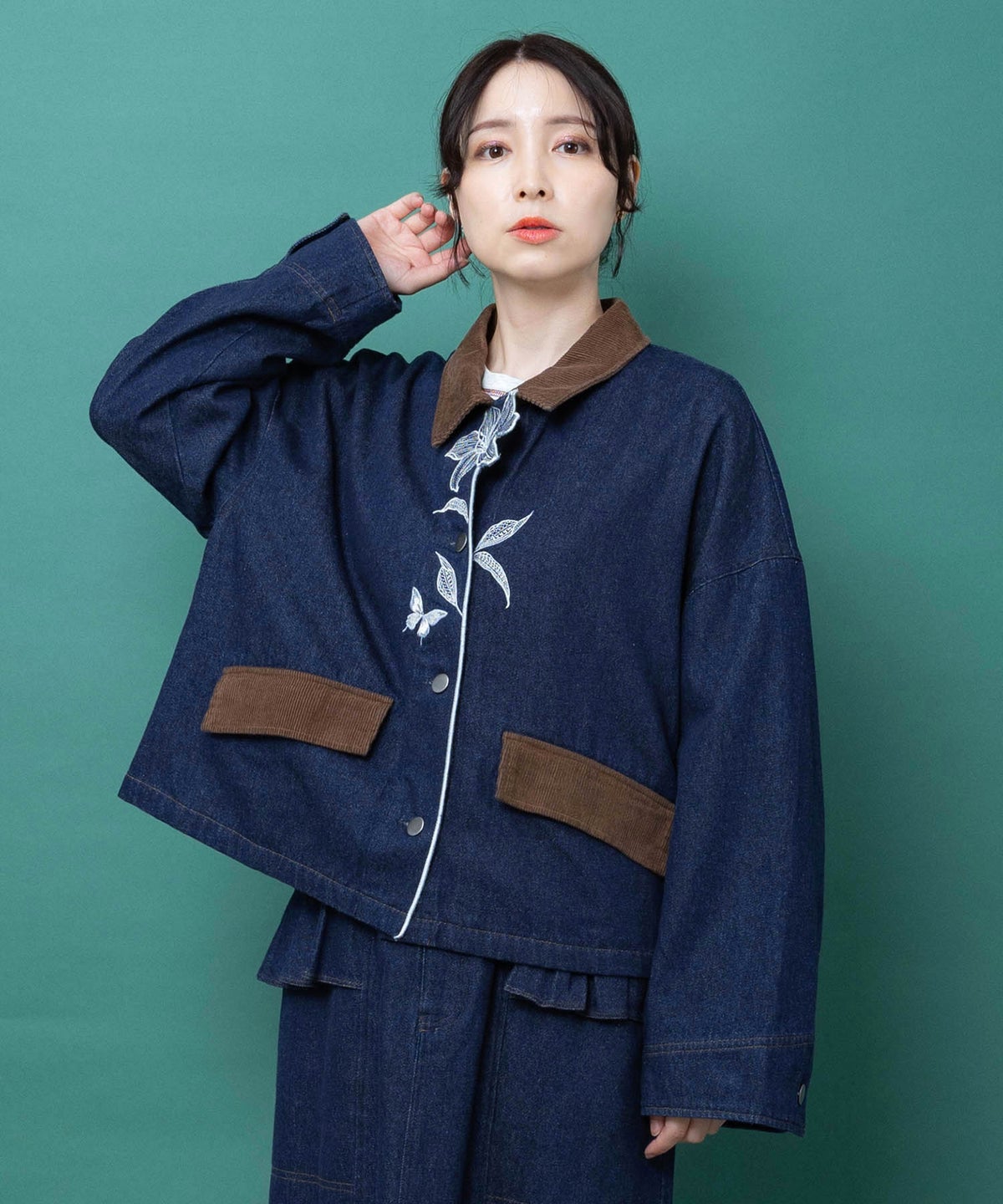 デニム×コーデュロイ 花刺繍配色ジャケット-3