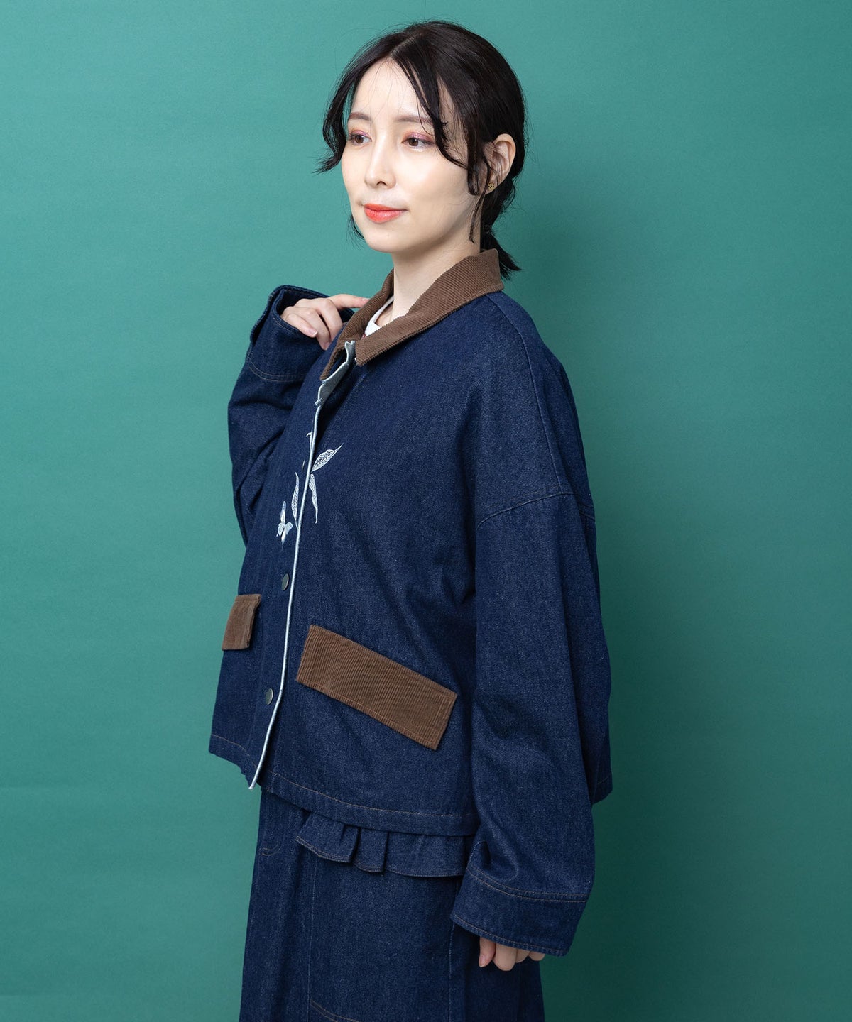 デニム×コーデュロイ 花刺繍配色ジャケット-4