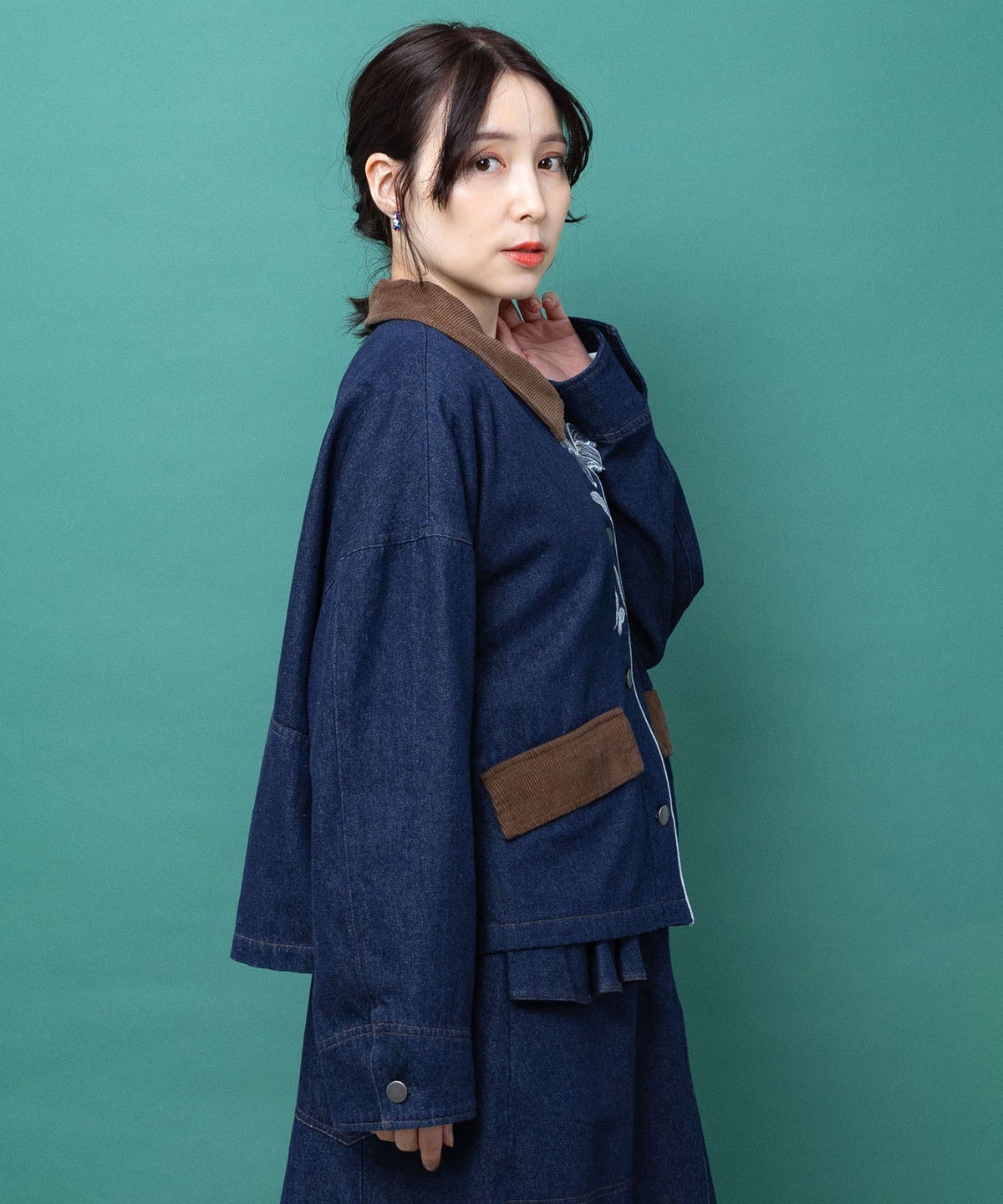 デニム×コーデュロイ 花刺繍配色ジャケット-6