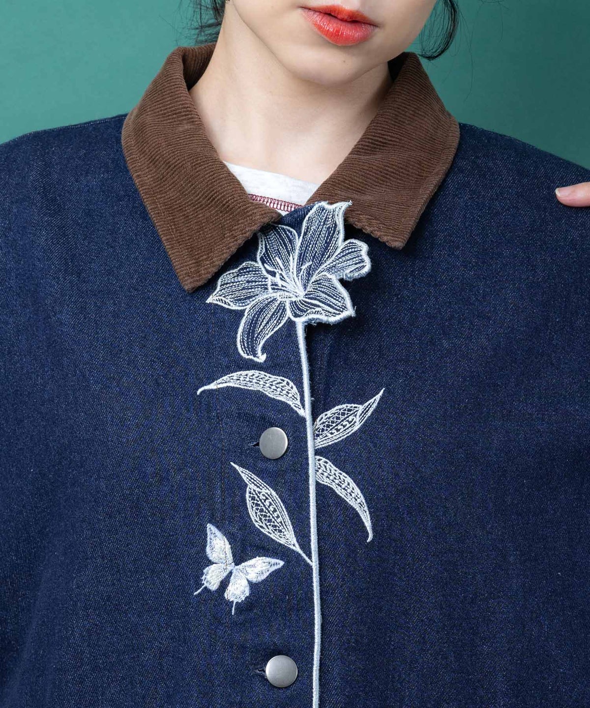 デニム×コーデュロイ 花刺繍配色ジャケット-8