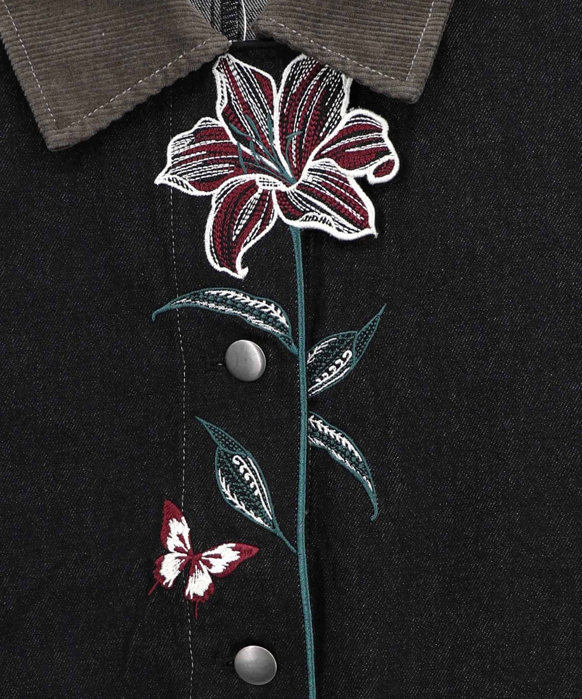 デニム×コーデュロイ 花刺繍配色ジャケット-11