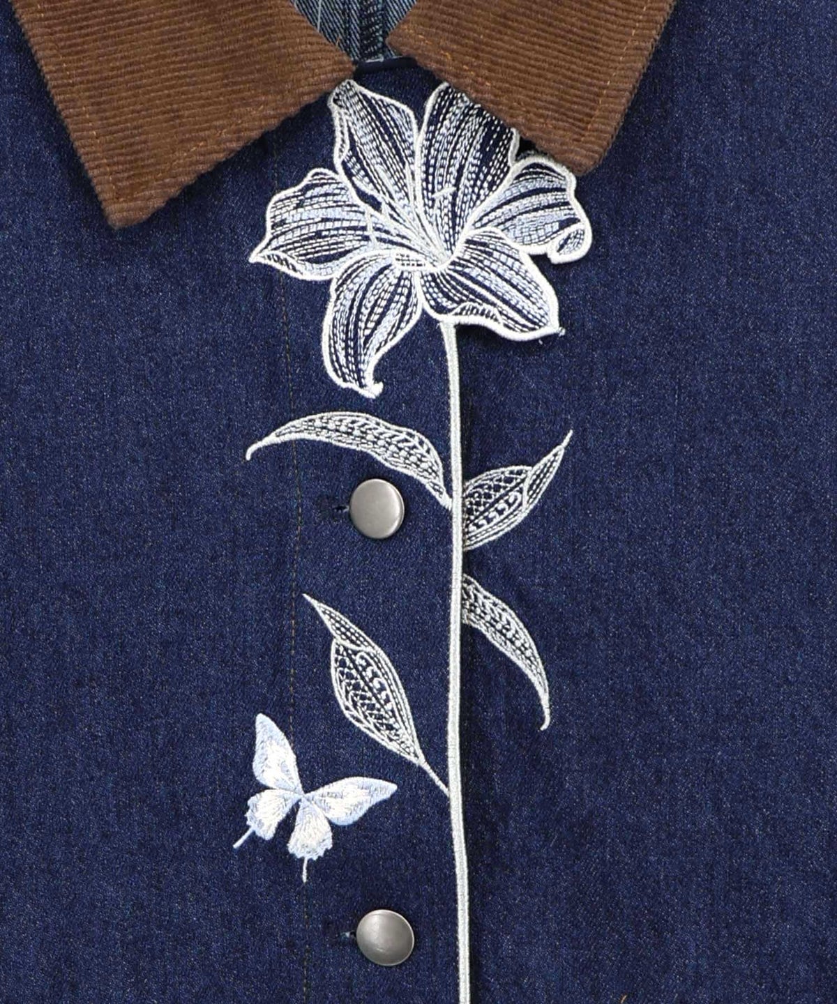 デニム×コーデュロイ 花刺繍配色ジャケット-14