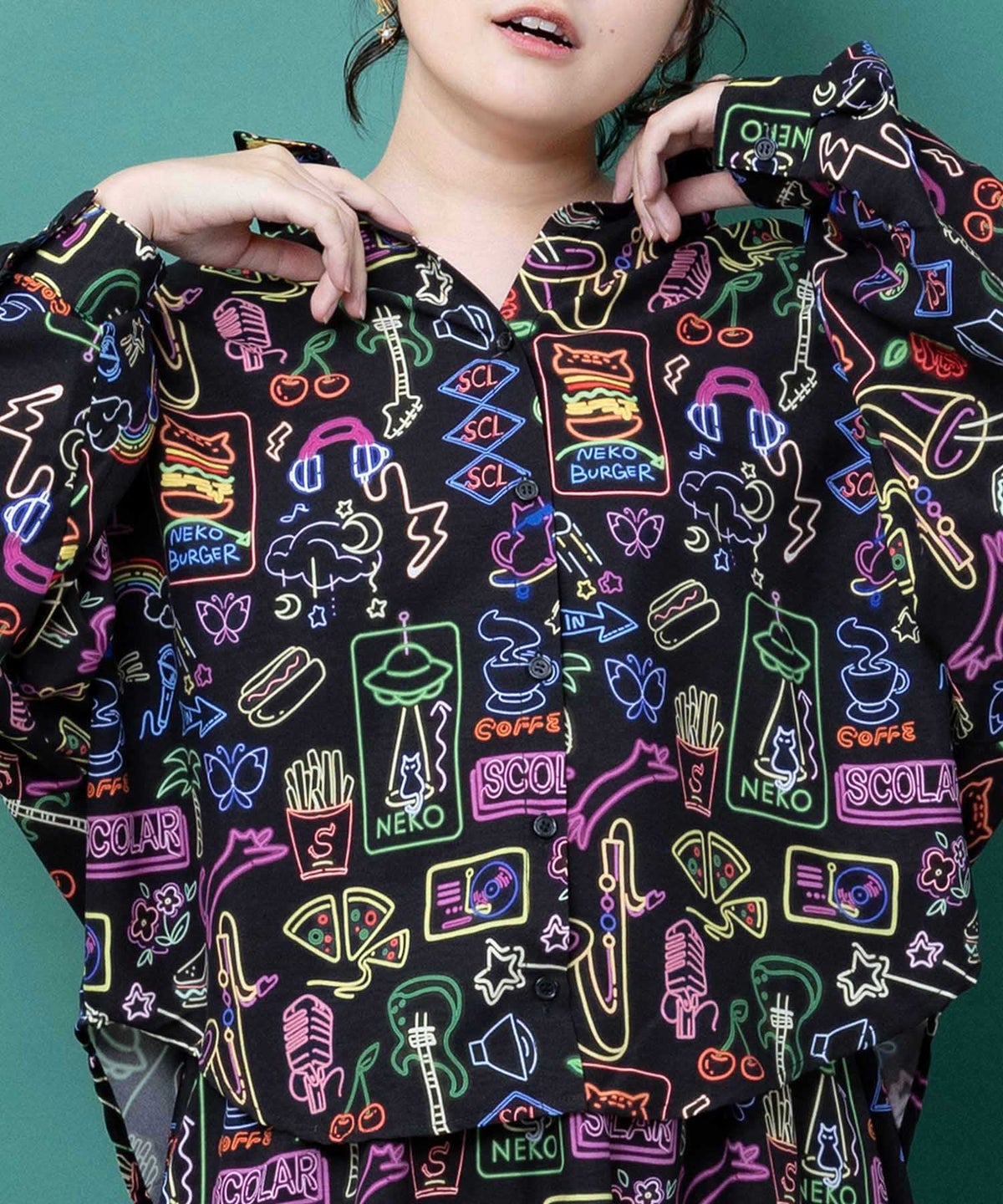 ネオン総柄 ポリワッシャーシャツ-8