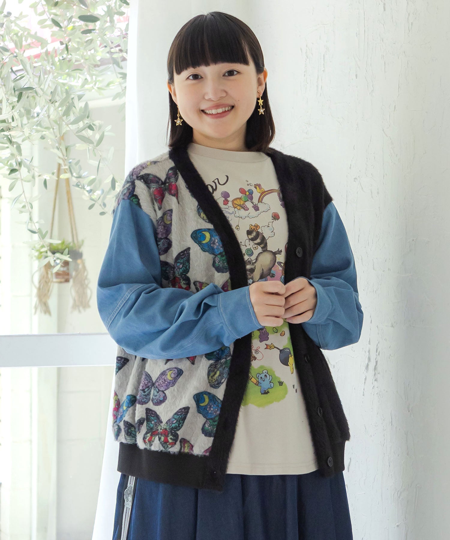 163667：レトロ蝶柄 シャギーニット×デニムカーディガンの通販-ScoLar