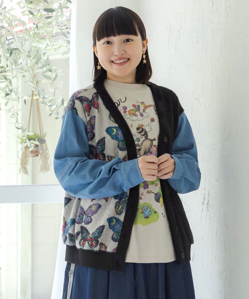 レトロ蝶柄 シャギーニット×デニムカーディガン-1
