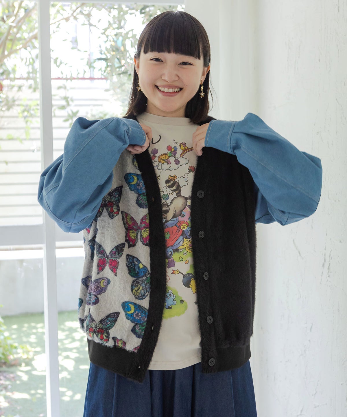 レトロ蝶柄 シャギーニット×デニムカーディガン-3