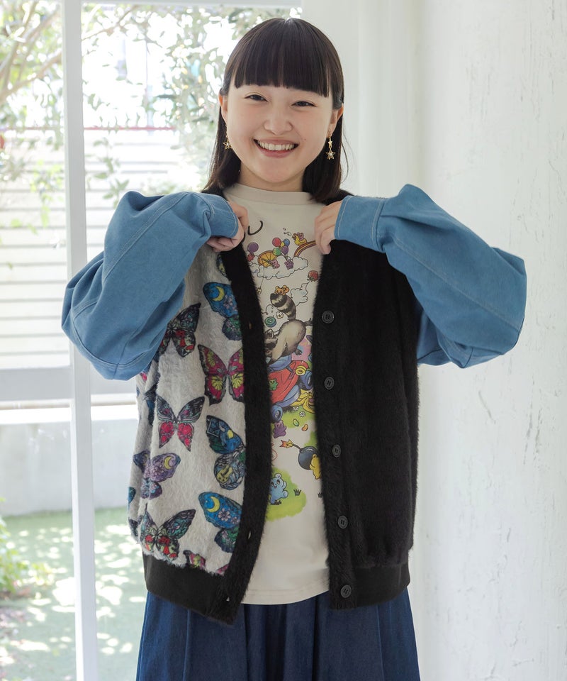 レトロ蝶柄 シャギーニット×デニムカーディガン-3