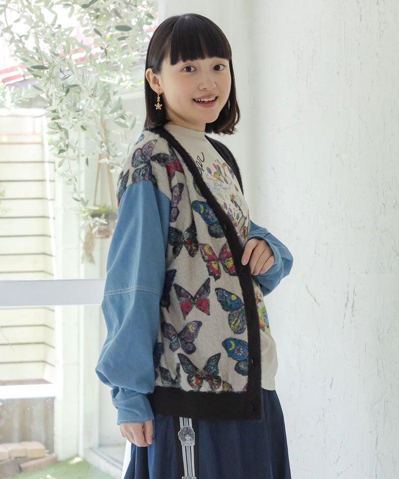 レトロ蝶柄 シャギーニット×デニムカーディガン-4
