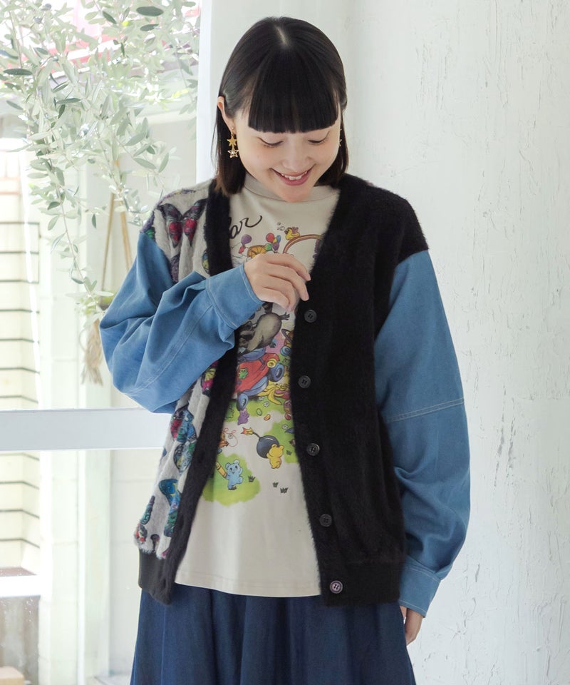 レトロ蝶柄 シャギーニット×デニムカーディガン-6