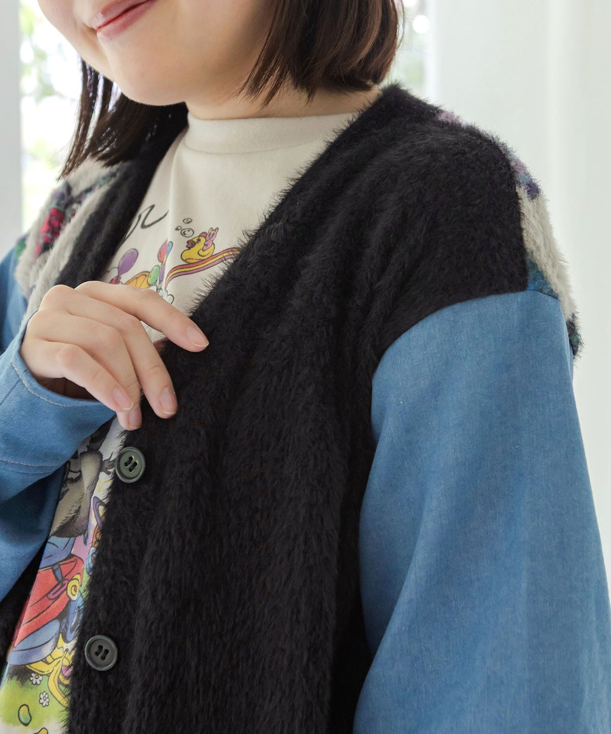 レトロ蝶柄 シャギーニット×デニムカーディガン-8