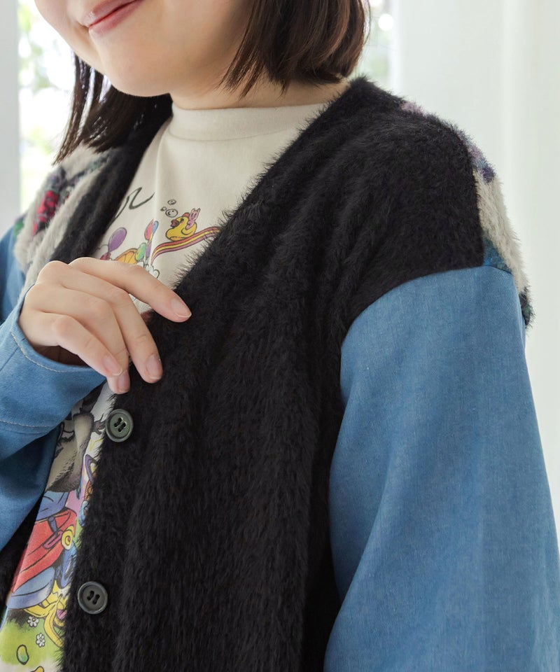 レトロ蝶柄 シャギーニット×デニムカーディガン-8