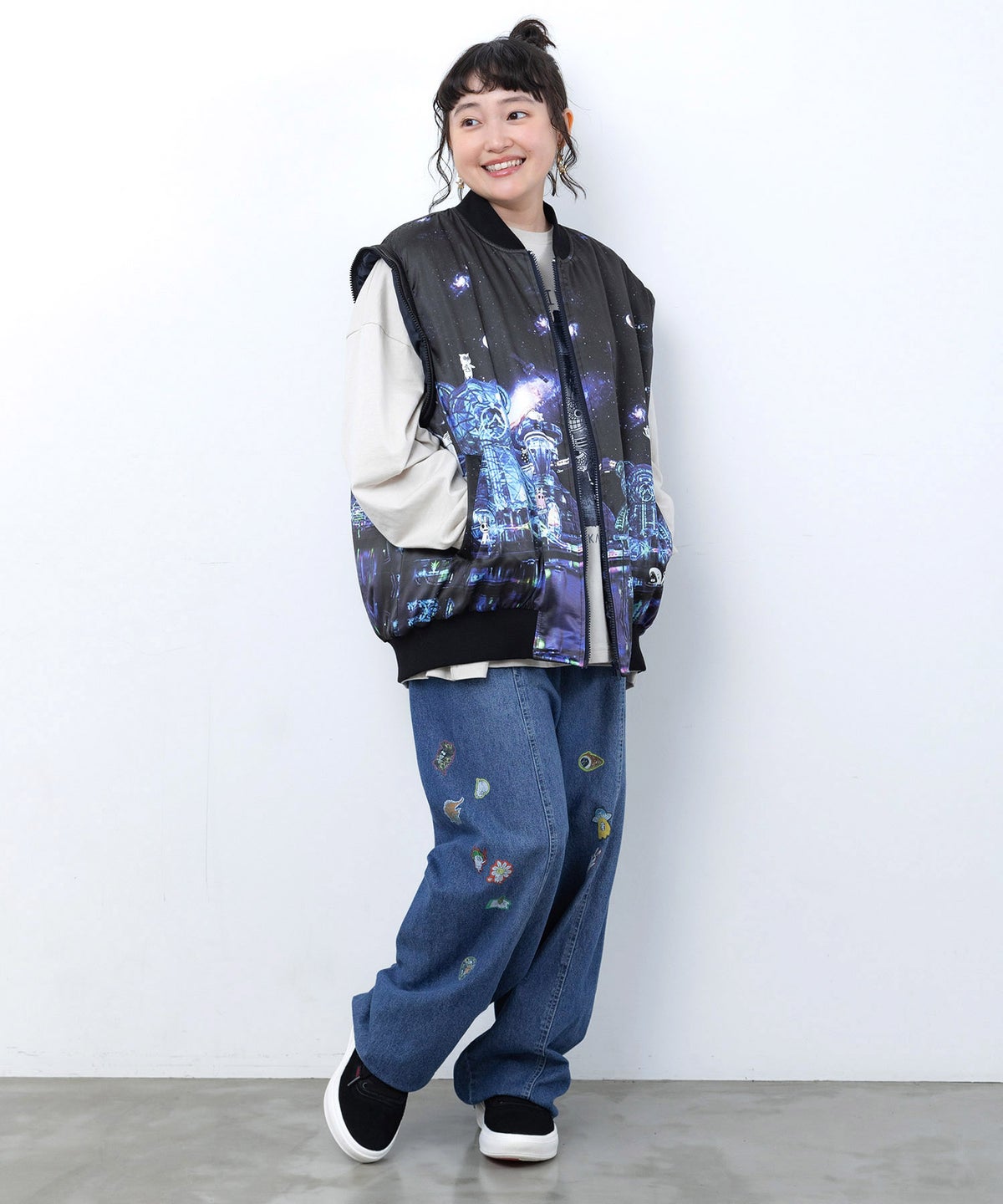 シールぺたぺた風プリント デニムパンツ-2