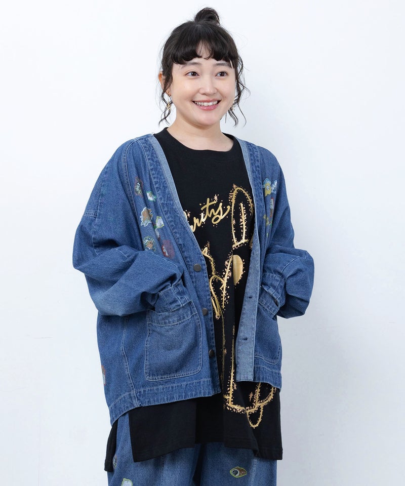 シールぺたぺた風プリント デニムカーディガン-1
