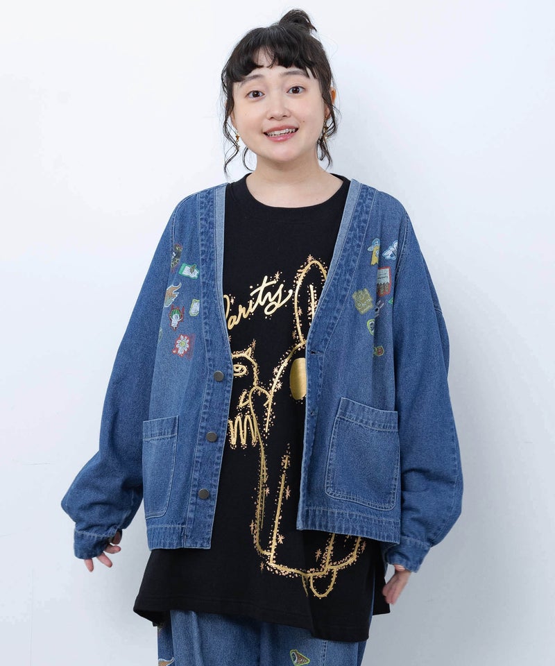 シールぺたぺた風プリント デニムカーディガン-3