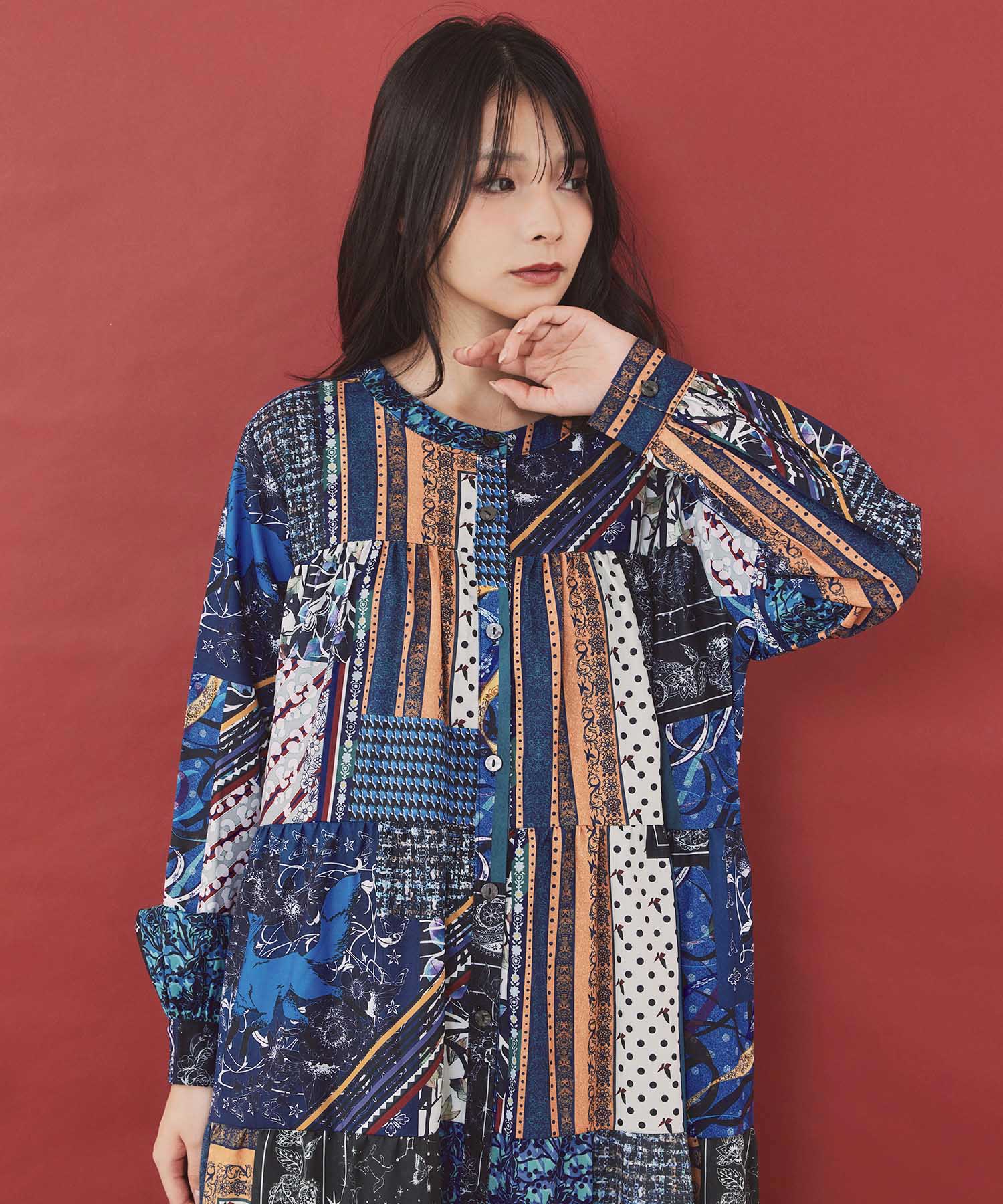 563235：幾何学バンダナコラージュ柄 シャツワンピースの通販-ScoLar