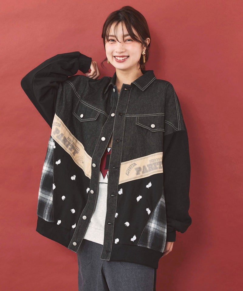 ピザネコ チェック×デニム 異素材シャツジャケット-1