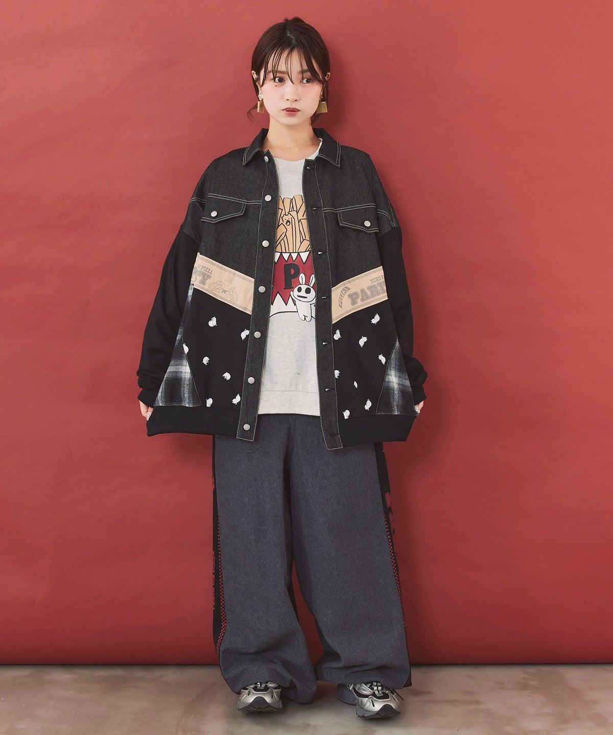 ピザネコ チェック×デニム 異素材シャツジャケット-2