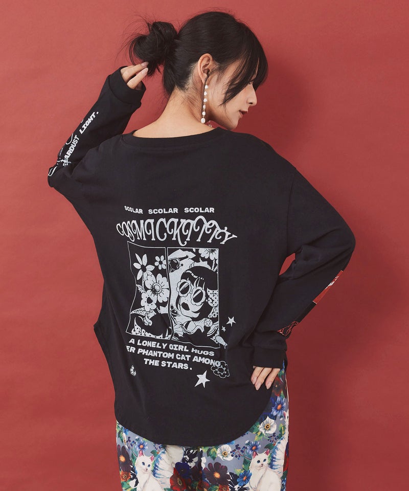 惑星ガールと宇宙ネコ柄Tシャツ-2