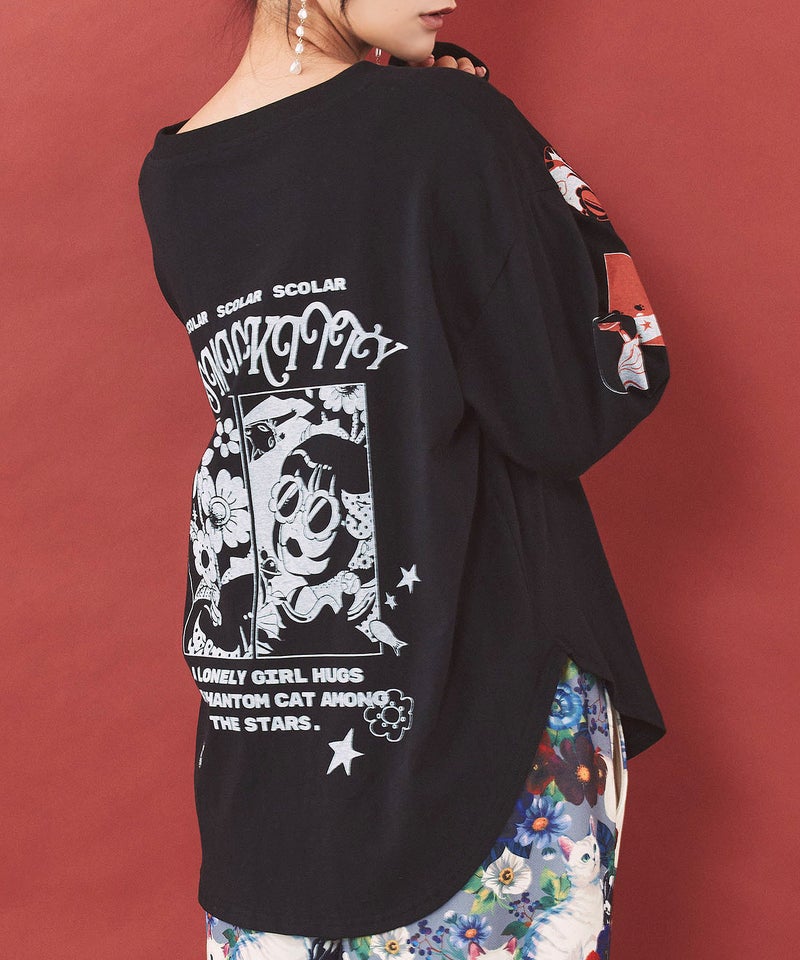 惑星ガールと宇宙ネコ柄Tシャツ-8