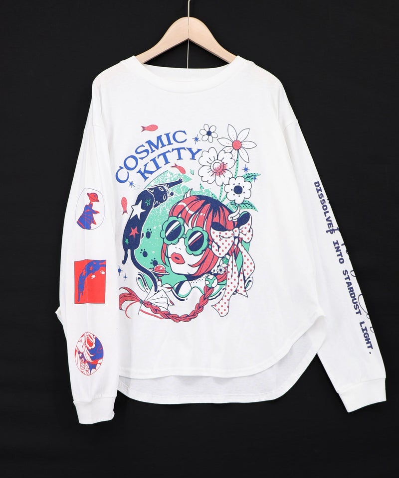 惑星ガールと宇宙ネコ柄Tシャツ-9