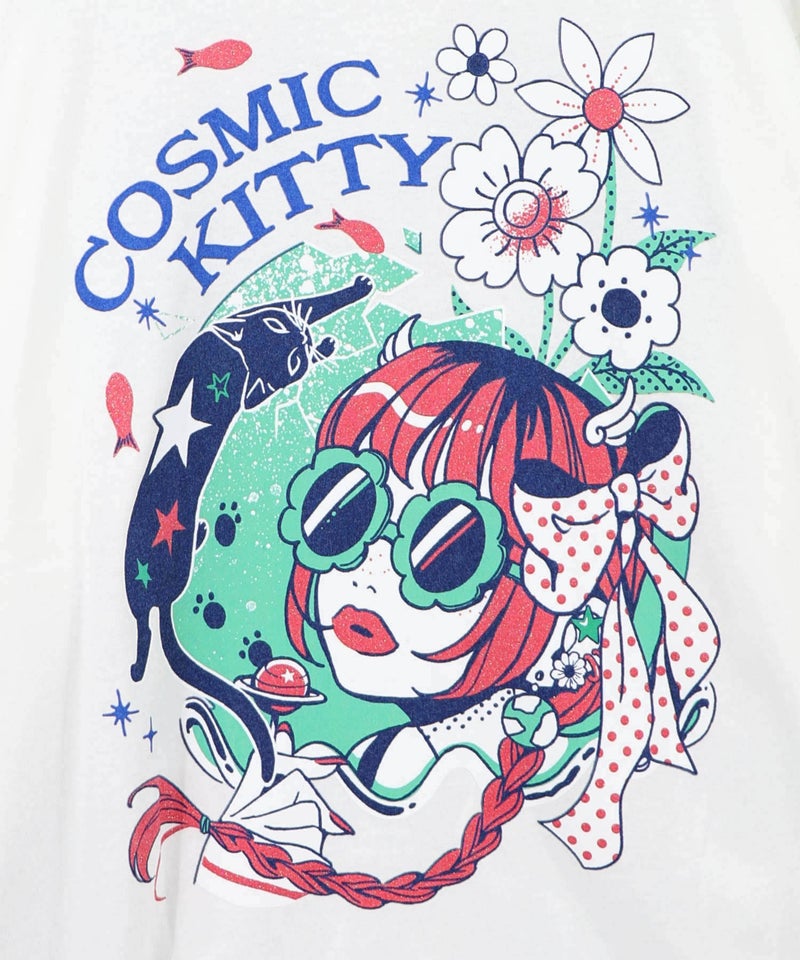 惑星ガールと宇宙ネコ柄Tシャツ-11