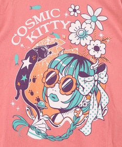 惑星ガールと宇宙ネコ柄Tシャツ-17