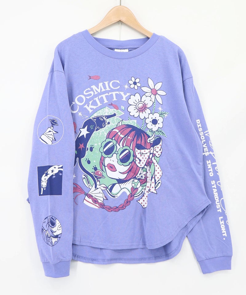 惑星ガールと宇宙ネコ柄Tシャツ-18