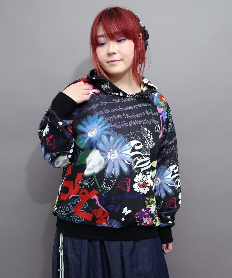 スカラーPOP総柄 フード付きパーカー-3