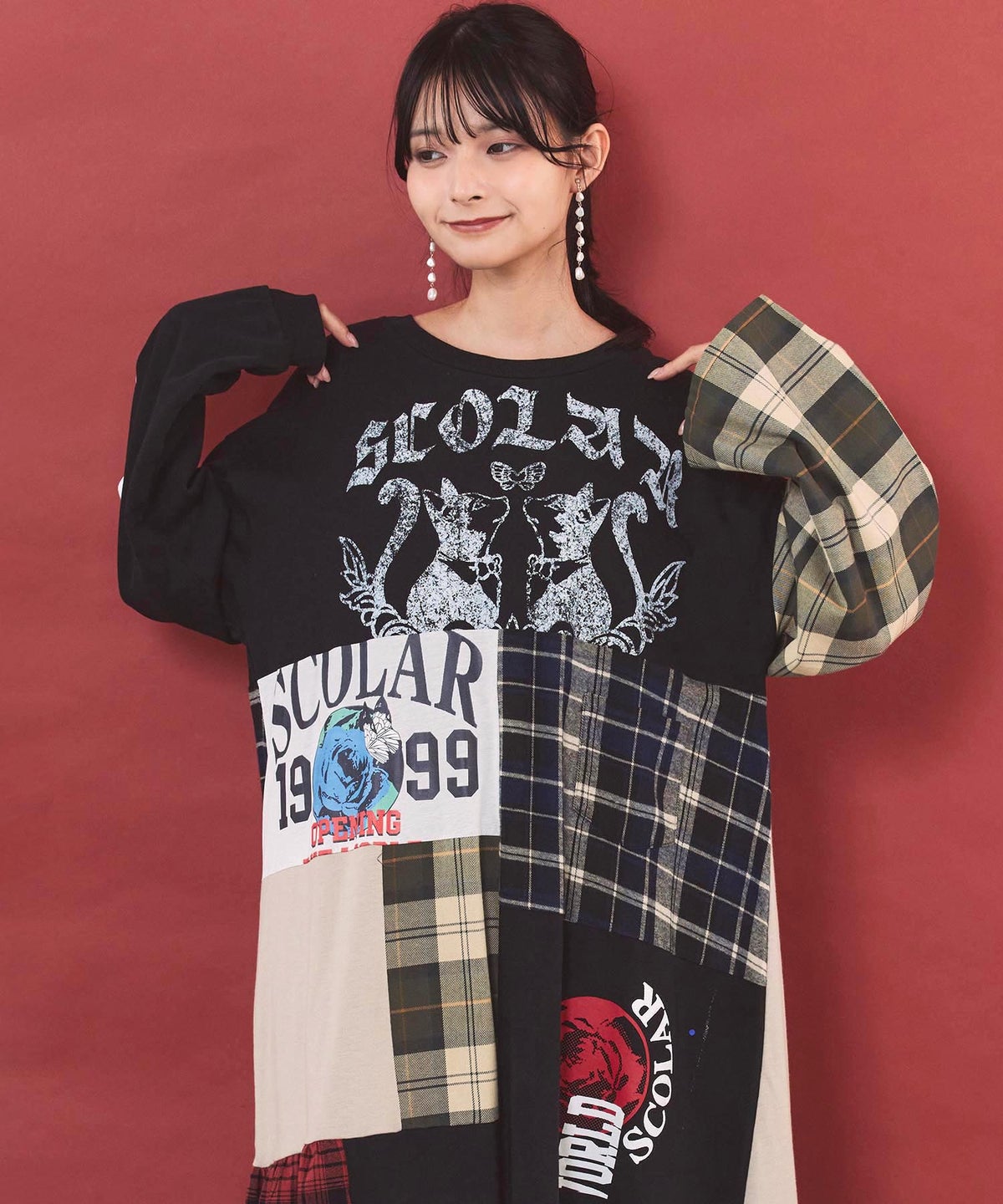 ロゴ×チェック パッチワーク風アシメワンピース-3