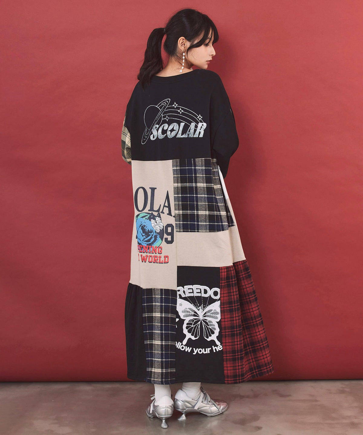 ロゴ×チェック パッチワーク風アシメワンピース-5