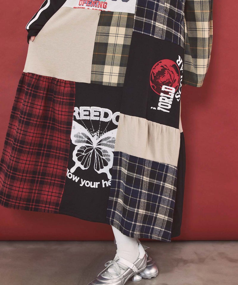 ロゴ×チェック パッチワーク風アシメワンピース-9