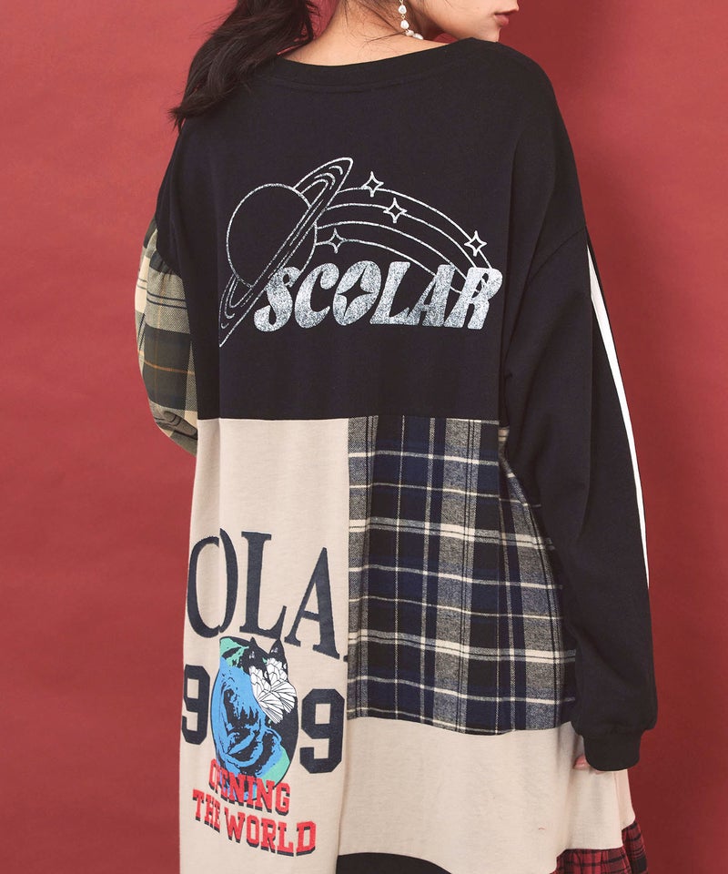 ロゴ×チェック パッチワーク風アシメワンピース-10