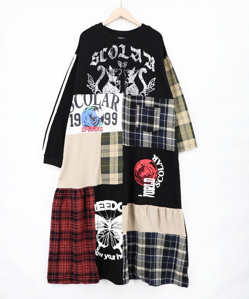 ロゴ×チェック パッチワーク風アシメワンピース-11