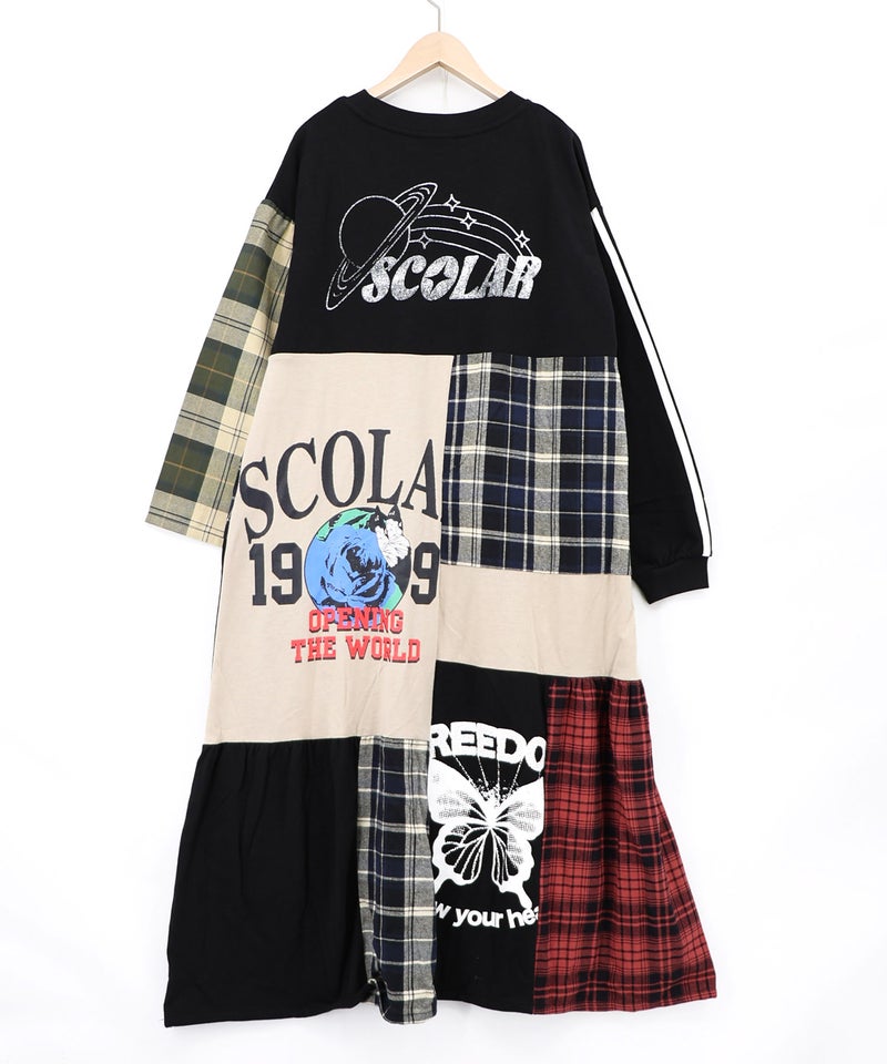 ロゴ×チェック パッチワーク風アシメワンピース-12