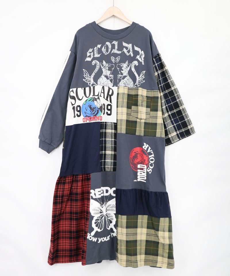 ロゴ×チェック パッチワーク風アシメワンピース-14