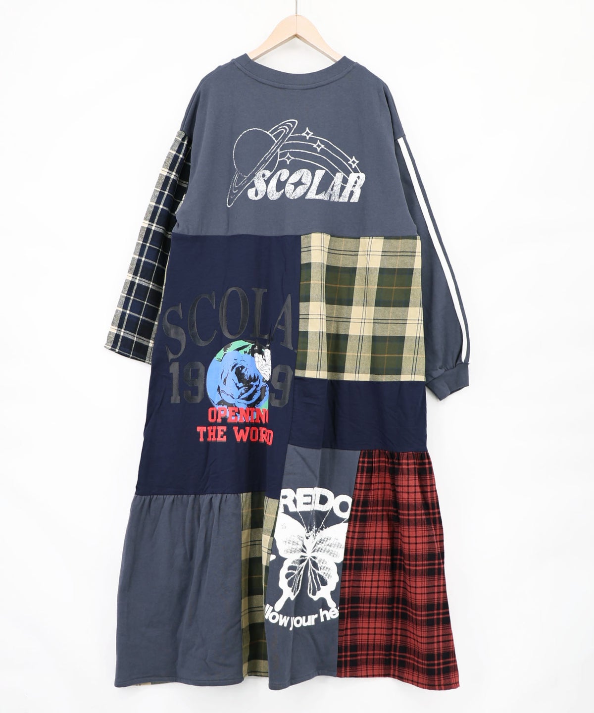 ロゴ×チェック パッチワーク風アシメワンピース-15