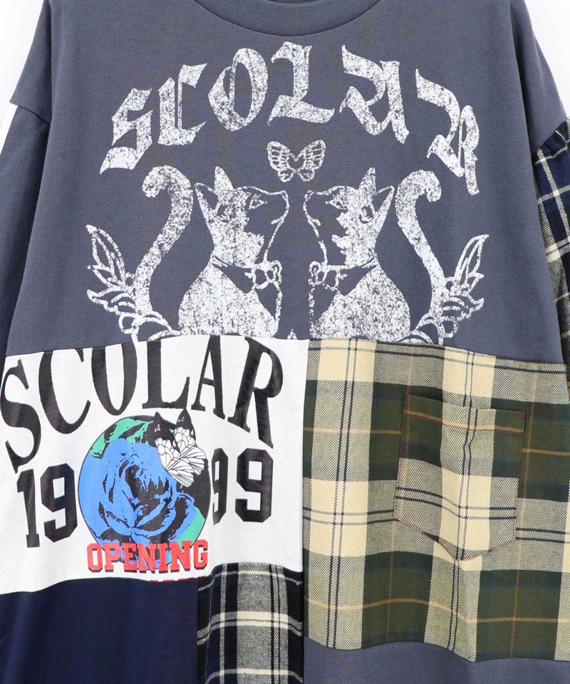 ロゴ×チェック パッチワーク風アシメワンピース-16