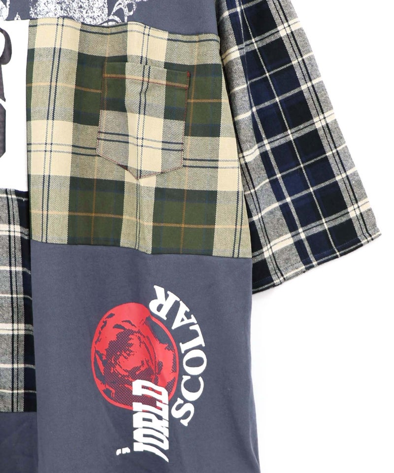 ロゴ×チェック パッチワーク風アシメワンピース-19