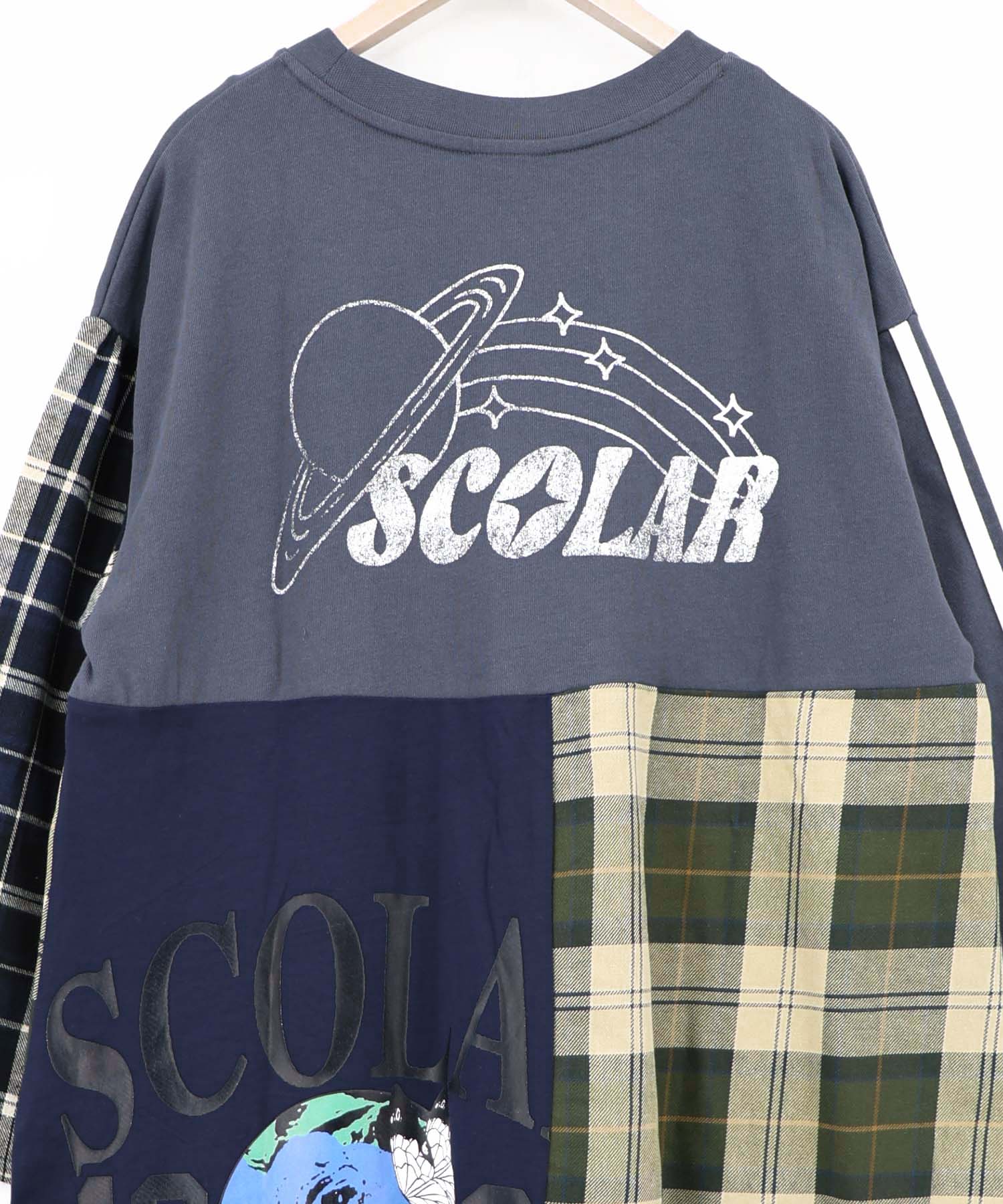 163701：ロゴ×チェック パッチワーク風アシメワンピースの通販-ScoLar