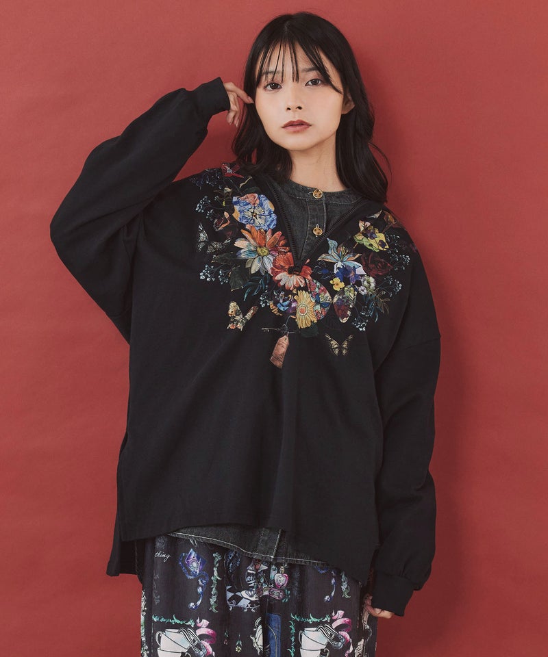 花蝶コラージュ柄 ハーフジップフード付きプルオーバー-1