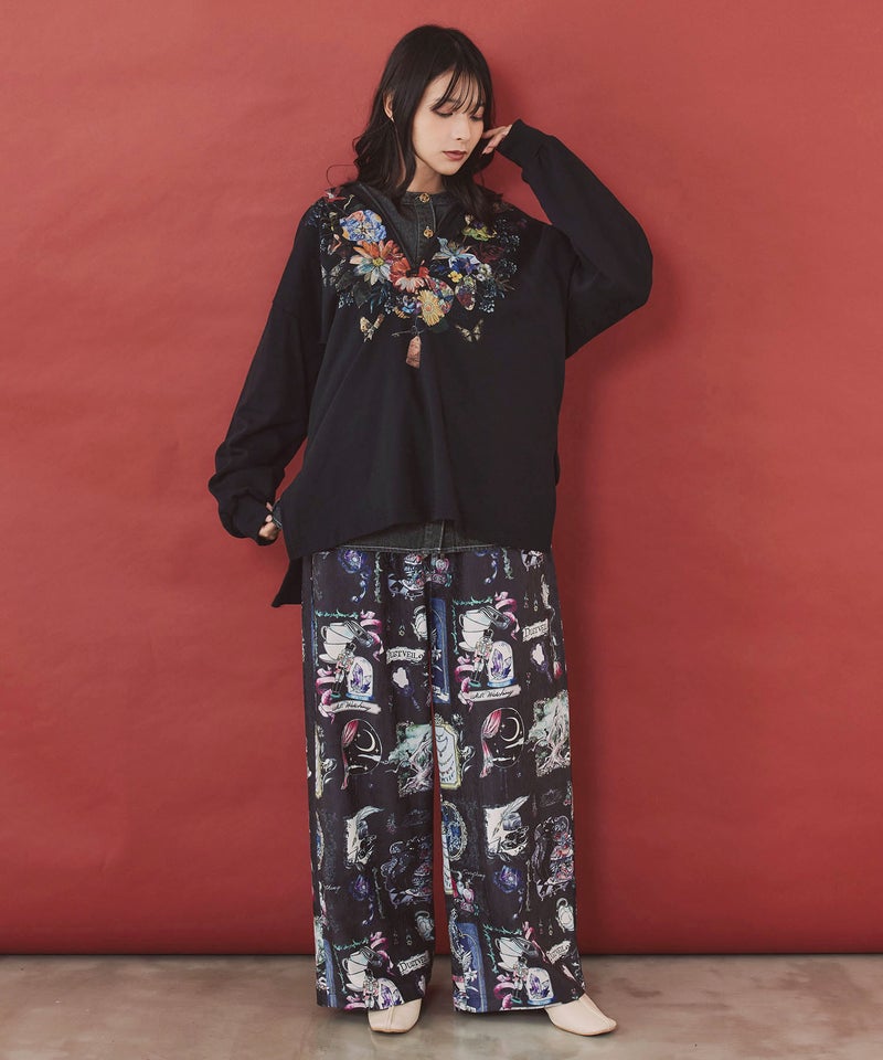 花蝶コラージュ柄 ハーフジップフード付きプルオーバー-2