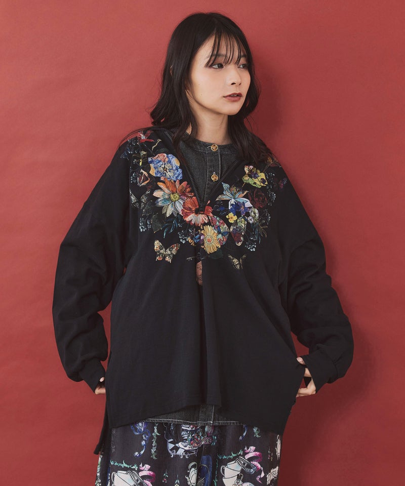 花蝶コラージュ柄 ハーフジップフード付きプルオーバー-4