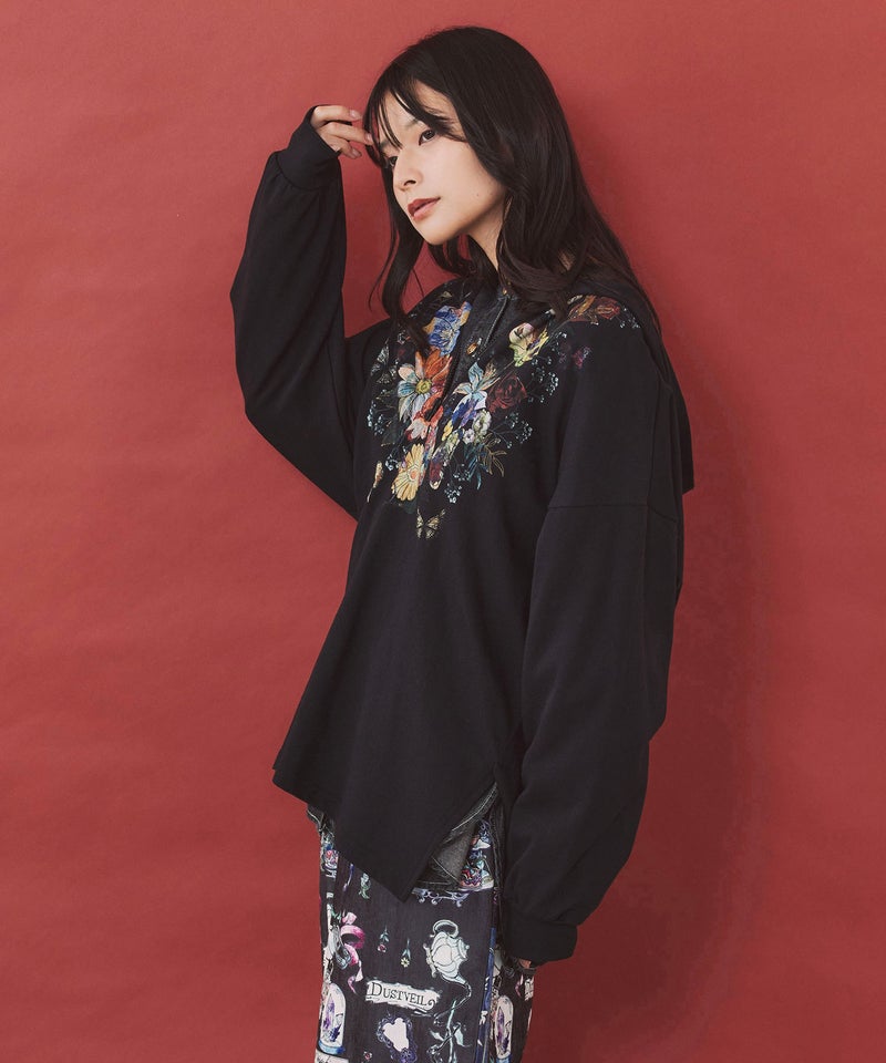 花蝶コラージュ柄 ハーフジップフード付きプルオーバー-6