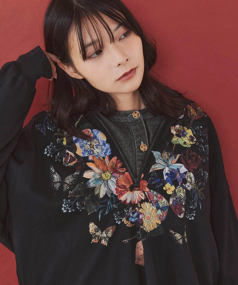 花蝶コラージュ柄 ハーフジップフード付きプルオーバー-7