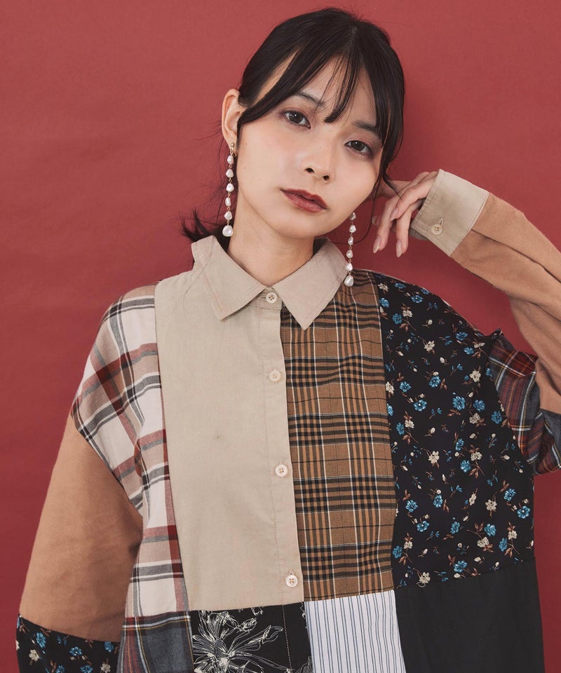 異素材パッチワーク切替 シャツワンピース-6