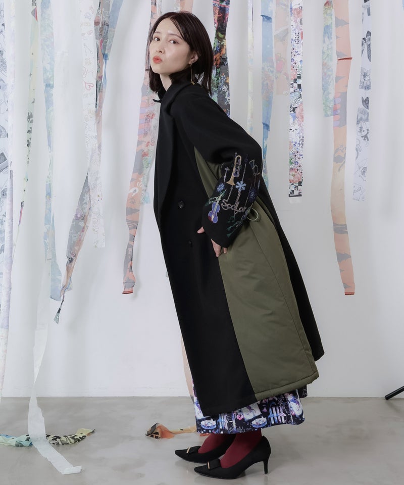 楽器刺繍柄 ナイロン切替メルトンコート-3