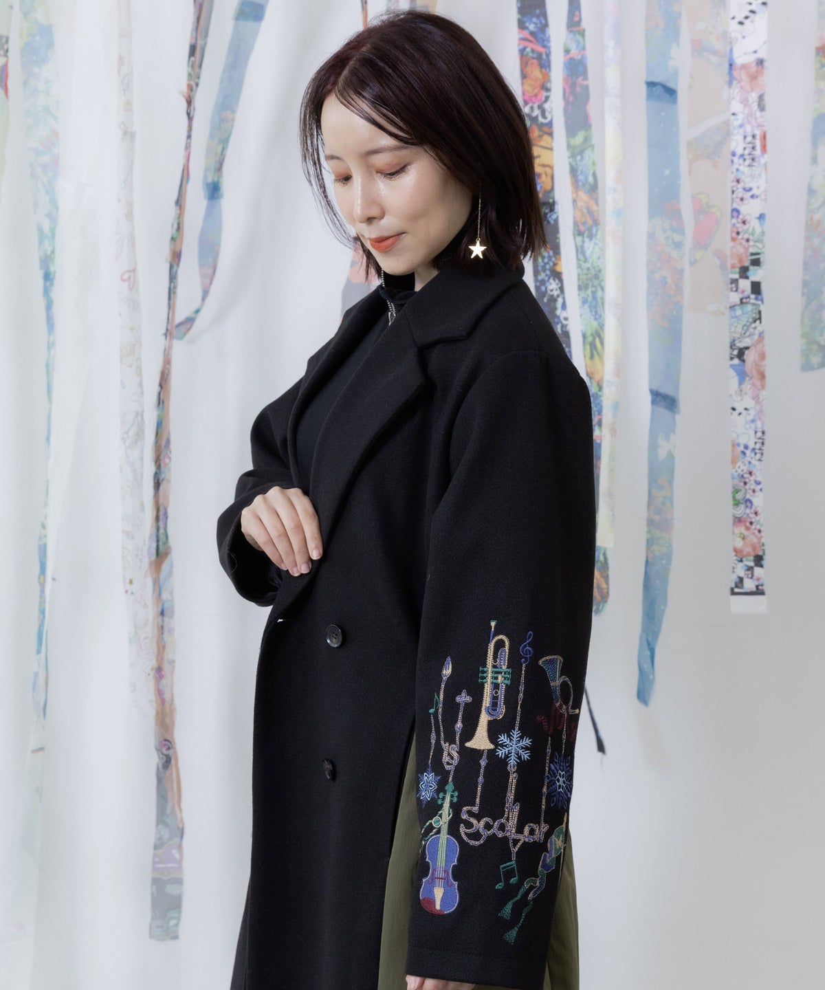 楽器刺繍柄 ナイロン切替メルトンコート-6