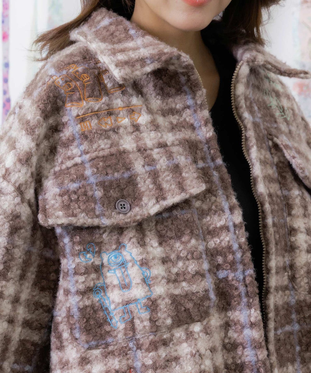 ボアorカットカルゼ キャラ刺繍ジップブルゾン-7